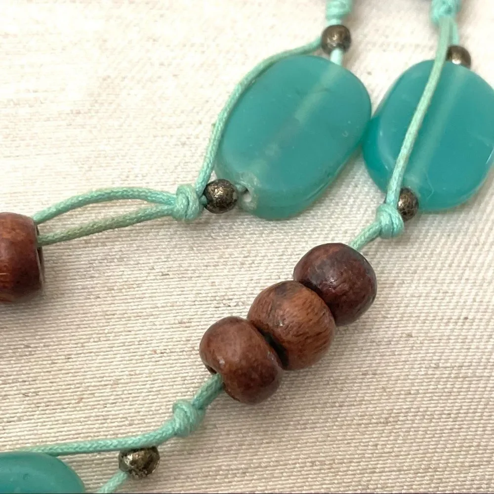 Blue and wood bead double strand necklace